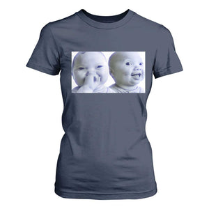 Funny Double Trouble Tuff Baby Meme T Shirt For Women Viral AI Niche Baby Holding Laugh Duo Reaction TS02 Navy Print Your Wear
