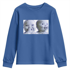 Funny Double Trouble Tuff Baby Meme Youth Sweatshirt Viral AI Niche Baby Holding Laugh Duo Reaction TS02 Royal Blue Print Your Wear