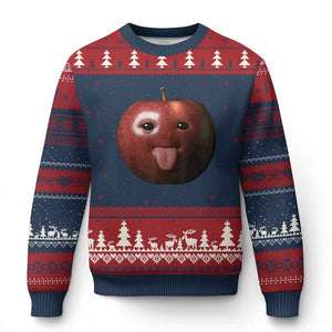 Cute Freaky Apple with Tongue Out Ugly Christmas Sweater Funny Goofy AI Fruit Meme TS02 Navy Red Print Your Wear