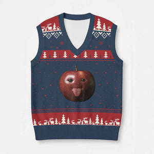 Cute Freaky Apple with Tongue Out V-Neck Knit Sweater Vest Funny Goofy AI Fruit Meme TS02 Navy Red Print Your Wear