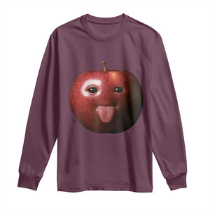 Cute Freaky Apple with Tongue Out Long Sleeve Shirt Funny Goofy AI Fruit Meme TS02 Maroon Print Your Wear