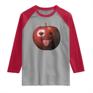 Cute Freaky Apple with Tongue Out Raglan Shirt Funny Goofy AI Fruit Meme TS02 Sport Gray Red Print Your Wear