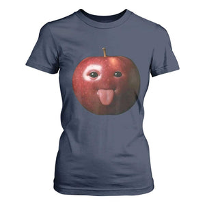 Cute Freaky Apple with Tongue Out T Shirt For Women Funny Goofy AI Fruit Meme TS02 Navy Print Your Wear