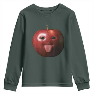 Cute Freaky Apple with Tongue Out Youth Sweatshirt Funny Goofy AI Fruit Meme TS02 Dark Forest Green Print Your Wear