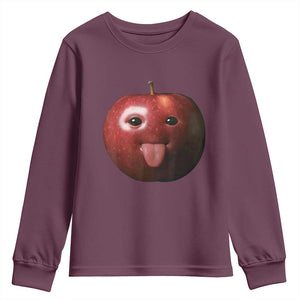 Cute Freaky Apple with Tongue Out Youth Sweatshirt Funny Goofy AI Fruit Meme TS02 Maroon Print Your Wear