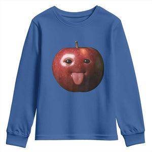 Cute Freaky Apple with Tongue Out Youth Sweatshirt Funny Goofy AI Fruit Meme TS02 Royal Blue Print Your Wear