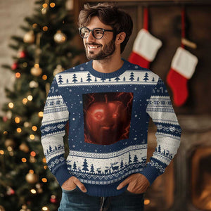 Evil Freaky Apple Meme Ugly Christmas Sweater Creepy Dark AI Fruit Face With Glowing Eyes TS02 Navy Beige Print Your Wear