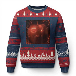 Evil Freaky Apple Meme Ugly Christmas Sweater Creepy Dark AI Fruit Face With Glowing Eyes TS02 Navy Red Print Your Wear