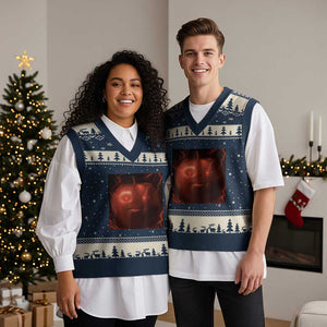 Evil Freaky Apple Meme V-Neck Knit Sweater Vest Creepy Dark AI Fruit Face With Glowing Eyes TS02 Navy Beige Print Your Wear