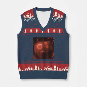 Evil Freaky Apple Meme V-Neck Knit Sweater Vest Creepy Dark AI Fruit Face With Glowing Eyes TS02 Navy Red Print Your Wear