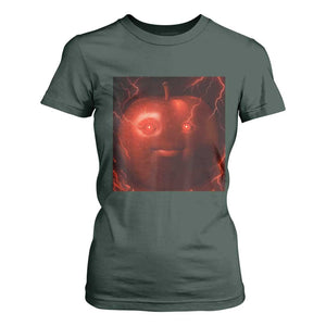 Evil Freaky Apple Meme T Shirt For Women Creepy Dark AI Fruit Face With Glowing Eyes TS02 Dark Forest Green Print Your Wear