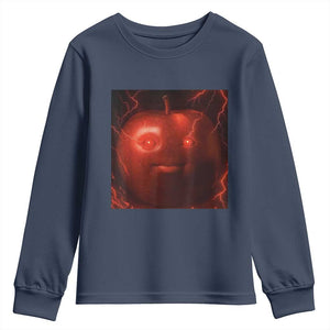 Evil Freaky Apple Meme Youth Sweatshirt Creepy Dark AI Fruit Face With Glowing Eyes TS02 Navy Print Your Wear