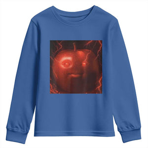 Evil Freaky Apple Meme Youth Sweatshirt Creepy Dark AI Fruit Face With Glowing Eyes TS02 Royal Blue Print Your Wear