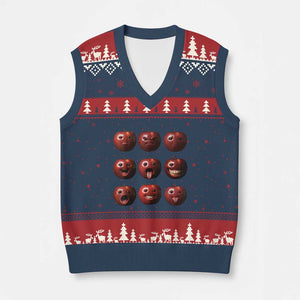 Funny Freaky Apple Faces Meme Graphic V-Neck Knit Sweater Vest Surreal Weird AI Fruit Emotions TS02 Navy Red Print Your Wear