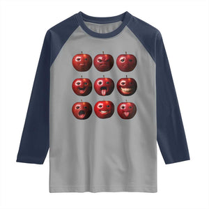 Funny Freaky Apple Faces Meme Graphic Raglan Shirt Surreal Weird AI Fruit Emotions TS02 Sport Gray Navy Print Your Wear