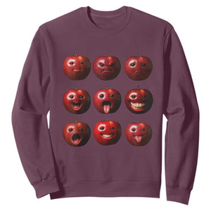 Funny Freaky Apple Faces Meme Graphic Sweatshirt Surreal Weird AI Fruit Emotions TS02 Maroon Print Your Wear