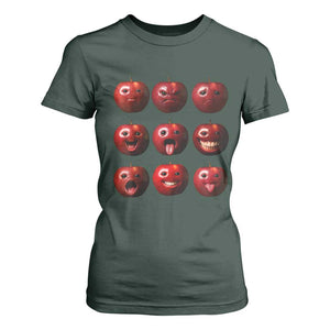 Funny Freaky Apple Faces Meme Graphic T Shirt For Women Surreal Weird AI Fruit Emotions TS02 Dark Forest Green Print Your Wear