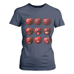 Funny Freaky Apple Faces Meme Graphic T Shirt For Women Surreal Weird AI Fruit Emotions TS02 Navy Print Your Wear
