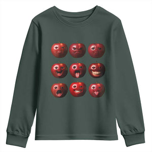 Funny Freaky Apple Faces Meme Graphic Youth Sweatshirt Surreal Weird AI Fruit Emotions TS02 Dark Forest Green Print Your Wear