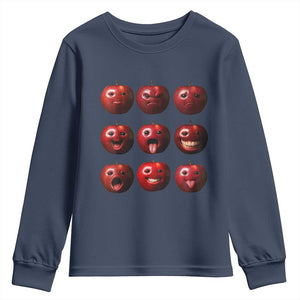 Funny Freaky Apple Faces Meme Graphic Youth Sweatshirt Surreal Weird AI Fruit Emotions TS02 Navy Print Your Wear