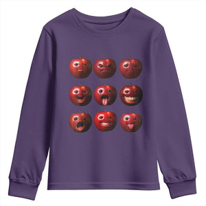 Funny Freaky Apple Faces Meme Graphic Youth Sweatshirt Surreal Weird AI Fruit Emotions TS02 Purple Print Your Wear