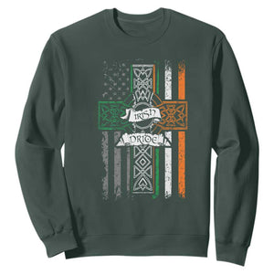 Irish Pride Sweatshirt American Flag Celtic Cross St Patricks Day TS02 Dark Forest Green Print Your Wear