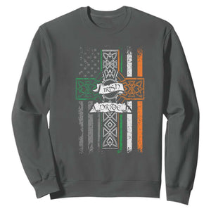 Irish Pride Sweatshirt American Flag Celtic Cross St Patricks Day TS02 Dark Heather Print Your Wear