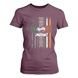 Irish Pride T Shirt For Women American Flag Celtic Cross St Patricks Day TS02 Maroon Print Your Wear