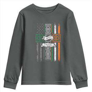 Irish Pride Youth Sweatshirt American Flag Celtic Cross St Patricks Day TS02 Dark Heather Print Your Wear