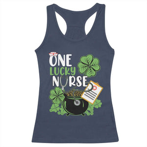 Funny One Lucky Nurse St Patricks Day Racerback Tank Top Scrub Life RN ICU ER with Stethoscope TS02 Navy Print Your Wear