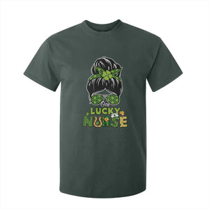 Funny One Lucky Nurse St Patricks Day T Shirt For Kid Scrub Life with Messy Bun TS02 Dark Forest Green Print Your Wear