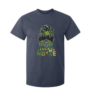 Funny One Lucky Nurse St Patricks Day T Shirt For Kid Scrub Life with Messy Bun TS02 Navy Print Your Wear