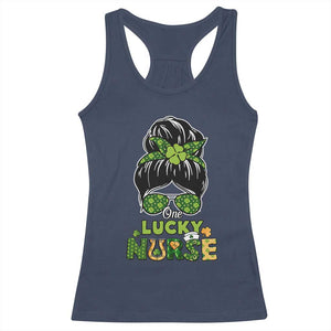 Funny One Lucky Nurse St Patricks Day Racerback Tank Top Scrub Life with Messy Bun TS02 Navy Print Your Wear