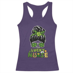 Funny One Lucky Nurse St Patricks Day Racerback Tank Top Scrub Life with Messy Bun TS02 Purple Print Your Wear