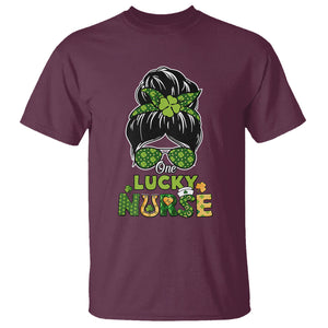 Funny One Lucky Nurse St. Patricks Day T Shirt Scrub Life with Messy Bun TS02 Maroon Printyourwear