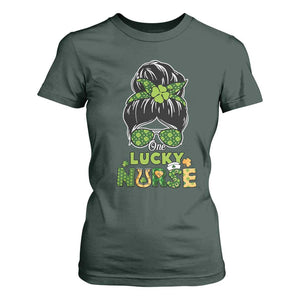 Funny One Lucky Nurse St Patricks Day T Shirt For Women Scrub Life with Messy Bun TS02 Dark Forest Green Print Your Wear