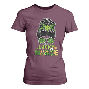 Funny One Lucky Nurse St Patricks Day T Shirt For Women Scrub Life with Messy Bun TS02 Maroon Print Your Wear