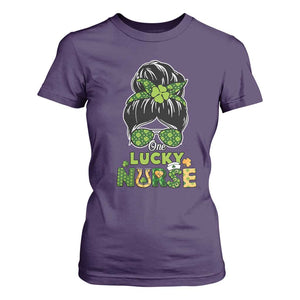 Funny One Lucky Nurse St Patricks Day T Shirt For Women Scrub Life with Messy Bun TS02 Purple Print Your Wear
