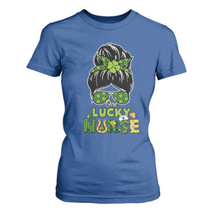 Funny One Lucky Nurse St Patricks Day T Shirt For Women Scrub Life with Messy Bun TS02 Royal Blue Print Your Wear