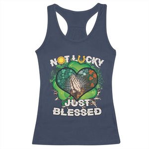 Funny St Patricks Day Racerback Tank Top Not Lucky Simply Blessed Shamrock Christian with Praying Hands TS02 Navy Print Your Wear