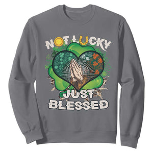 Funny St. Patricks Day Sweatshirt Not Lucky Simply Blessed Shamrock Christian with Praying Hands TS02 Charcoal Printyourwear