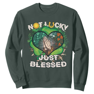 Funny St. Patricks Day Sweatshirt Not Lucky Simply Blessed Shamrock Christian with Praying Hands TS02 Dark Forest Green Printyourwear