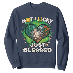 Funny St. Patricks Day Sweatshirt Not Lucky Simply Blessed Shamrock Christian with Praying Hands TS02 Navy Printyourwear