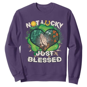 Funny St. Patricks Day Sweatshirt Not Lucky Simply Blessed Shamrock Christian with Praying Hands TS02 Purple Printyourwear