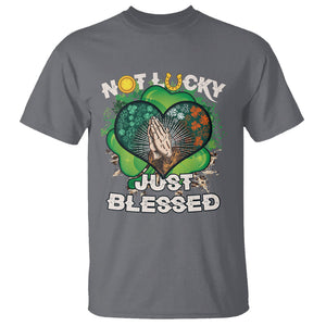 Funny St. Patricks Day T Shirt Not Lucky Simply Blessed Shamrock Christian with Praying Hands TS02 Charcoal Printyourwear