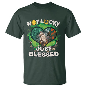 Funny St. Patricks Day T Shirt Not Lucky Simply Blessed Shamrock Christian with Praying Hands TS02 Dark Forest Green Printyourwear