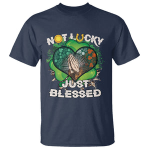 Funny St. Patricks Day T Shirt Not Lucky Simply Blessed Shamrock Christian with Praying Hands TS02 Navy Printyourwear
