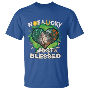 Funny St. Patricks Day T Shirt Not Lucky Simply Blessed Shamrock Christian with Praying Hands TS02 Royal Blue Printyourwear