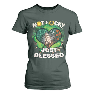 Funny St Patricks Day T Shirt For Women Not Lucky Simply Blessed Shamrock Christian with Praying Hands TS02 Dark Forest Green Print Your Wear