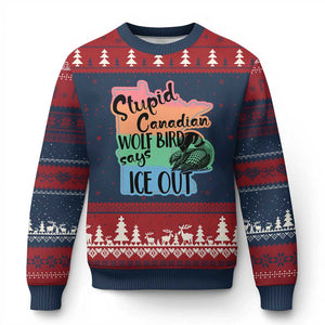 Stupid Canadian Wolf Bird Says Ice Out Ugly Christmas Sweater Funny Activist Loon Minnesota Rebel Rainbow TS02 Navy Red Print Your Wear